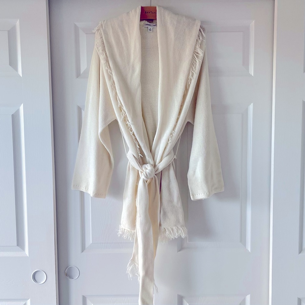 Coldwater Creek Long Sleeve Wrap Front Fringed Ivory Midi Sweater w/Belt M (Wom)